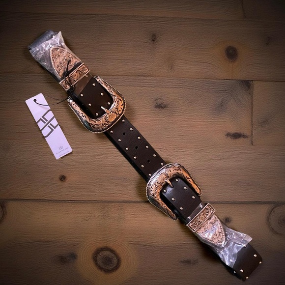 B-LOW THE BELT BLACK LEATHER STUDDED WESTERN STYLE DOUBLE BUCKLE BELT Sz Large
